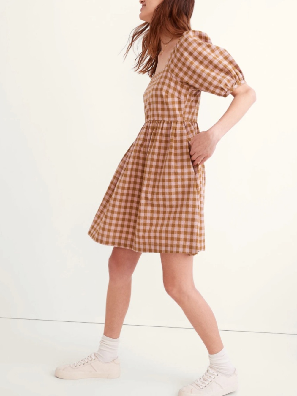 Madewell Pink Green Gingham Square Neck Puff Sleeve Dress XL Cottagecore - Picture 3 of 12